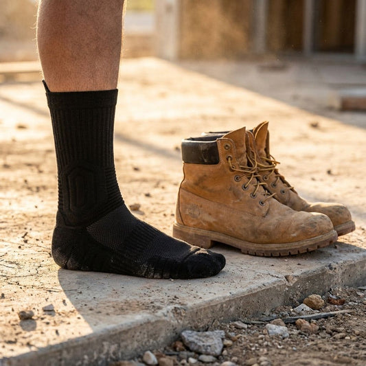 Work boots standing on a raw concrete floor