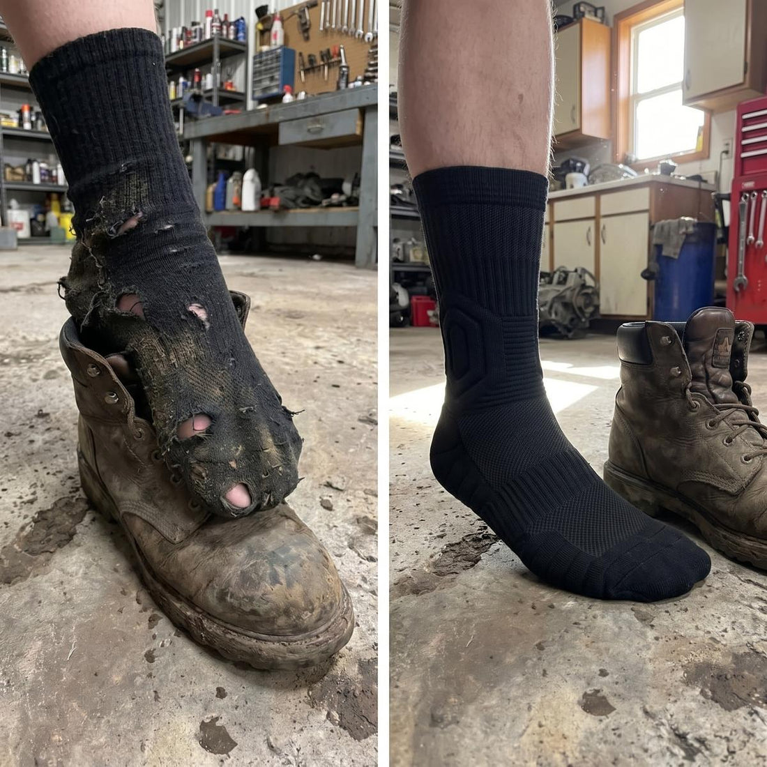 A worn work boot beside a cushioned CloudTread sock
