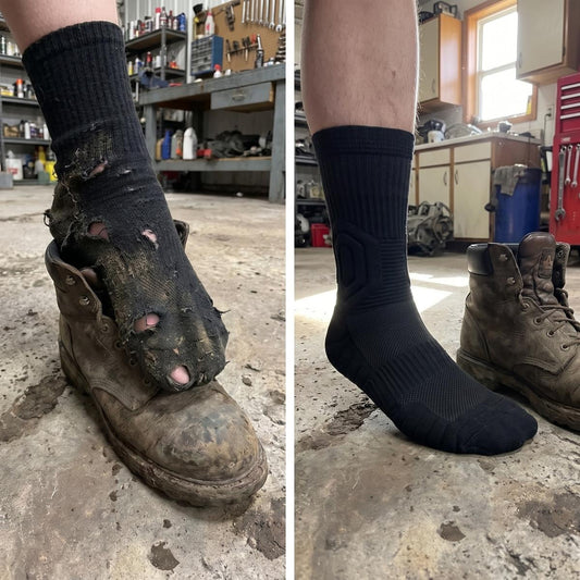 A worn work boot beside a cushioned CloudTread sock