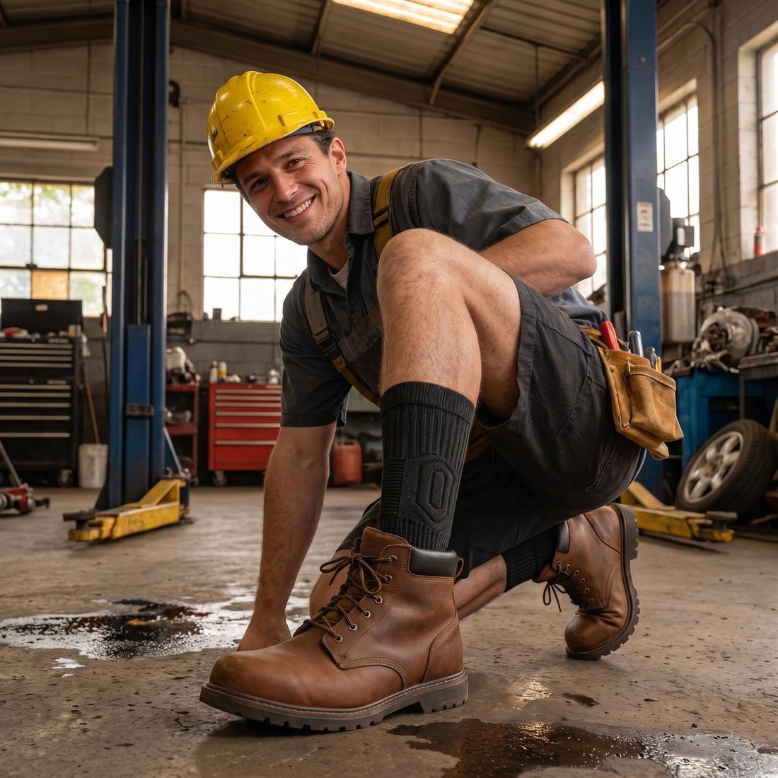 Tradesman on a job site wearing CloudTread work socks