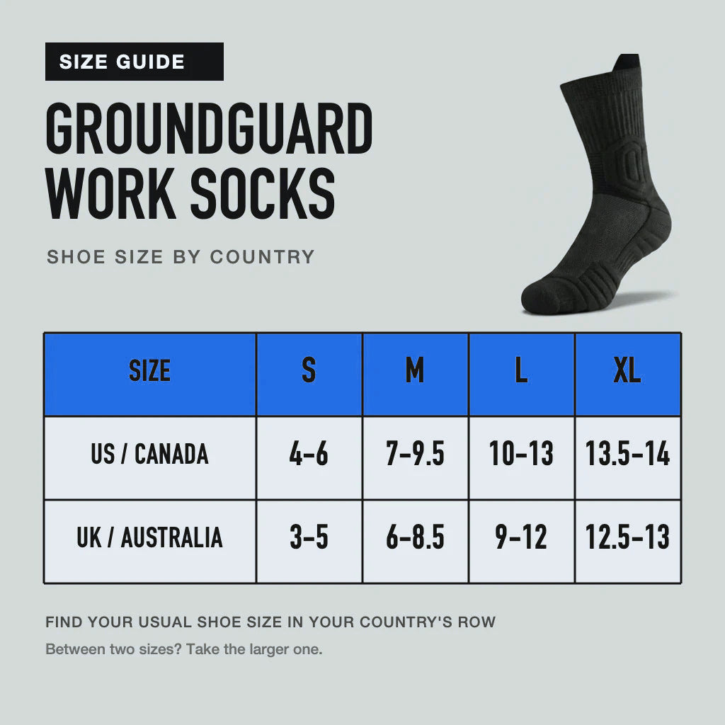 CloudTread work socks size guide, S to XL