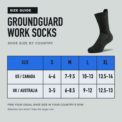 CloudTread work socks size guide, S to XL